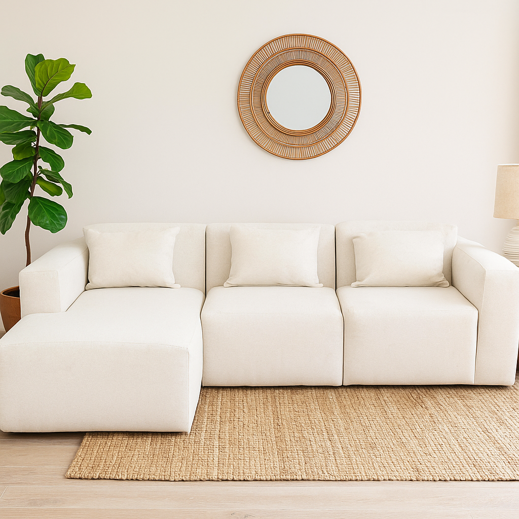 Modular 3 Seater Sofa - White Teddy Fleece Left Hand