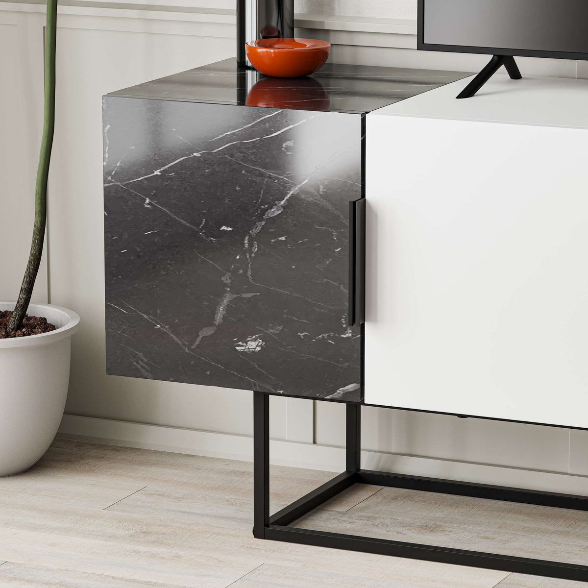 Tontini TV Stand - Black White Marble - 6