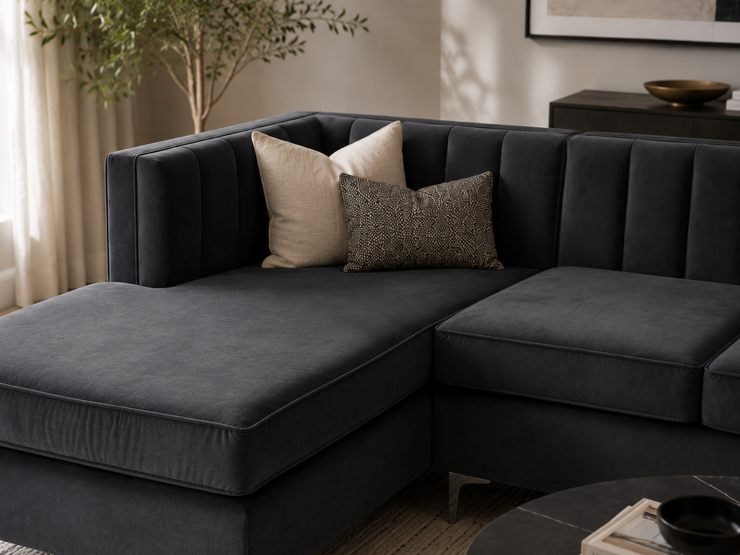 Emily Corner Sofa - Left Hand Grey Velvet - Lifestyle close up