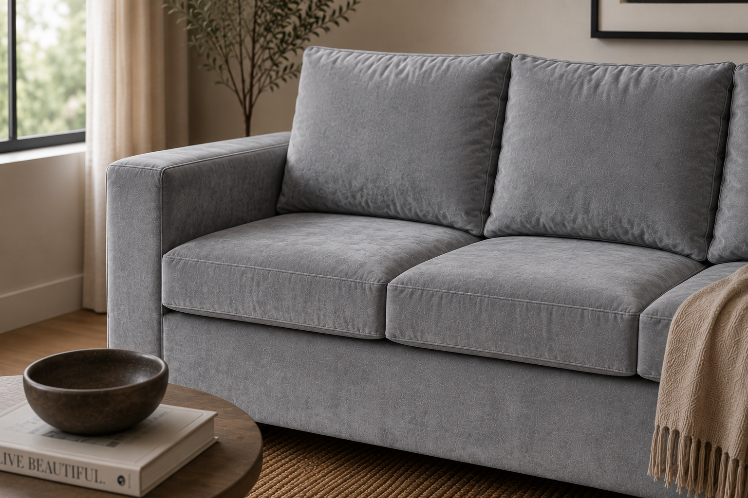Jody 3 Seater Sofa - Grey Velvet - Lifestyle close up