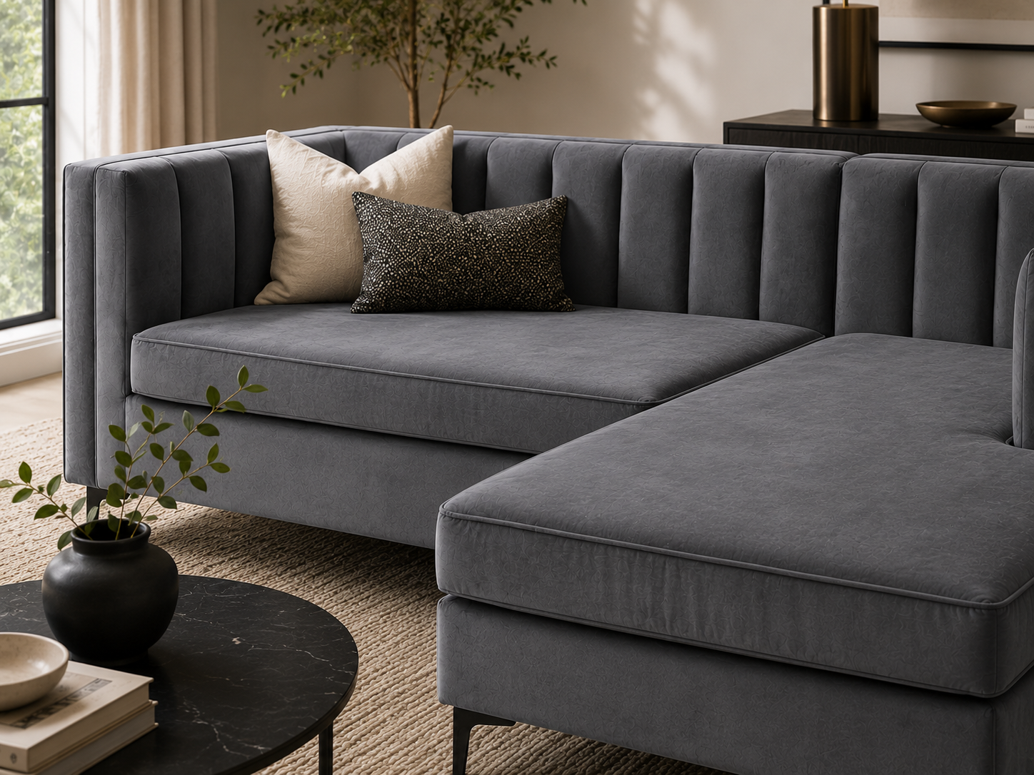 Emily Corner Sofa - Right Hand Grey Velvet - Lifestyle close up