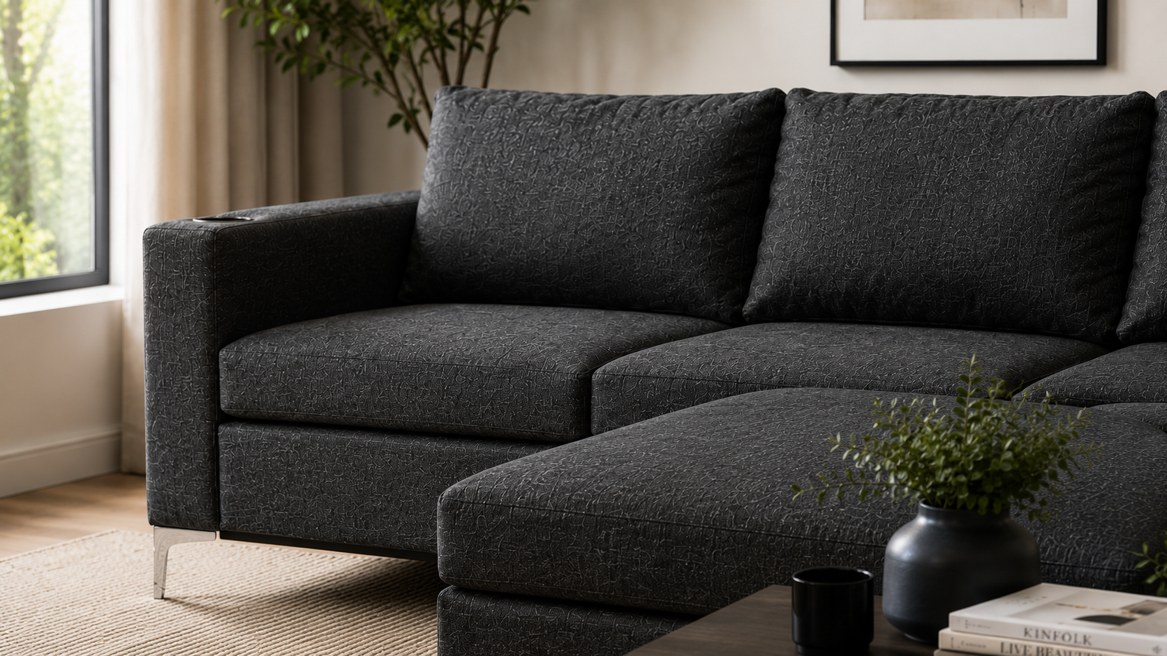 Charlie Corner Couch - Charcoal - Lifestyle close up
