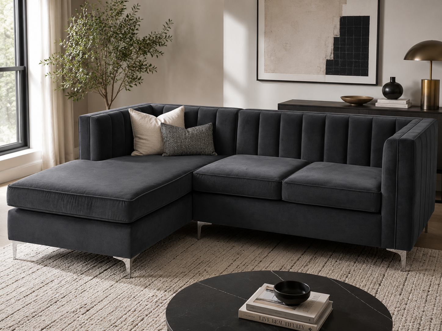 Emily Corner Sofa - Left Hand Grey Velvet - Lifestyle