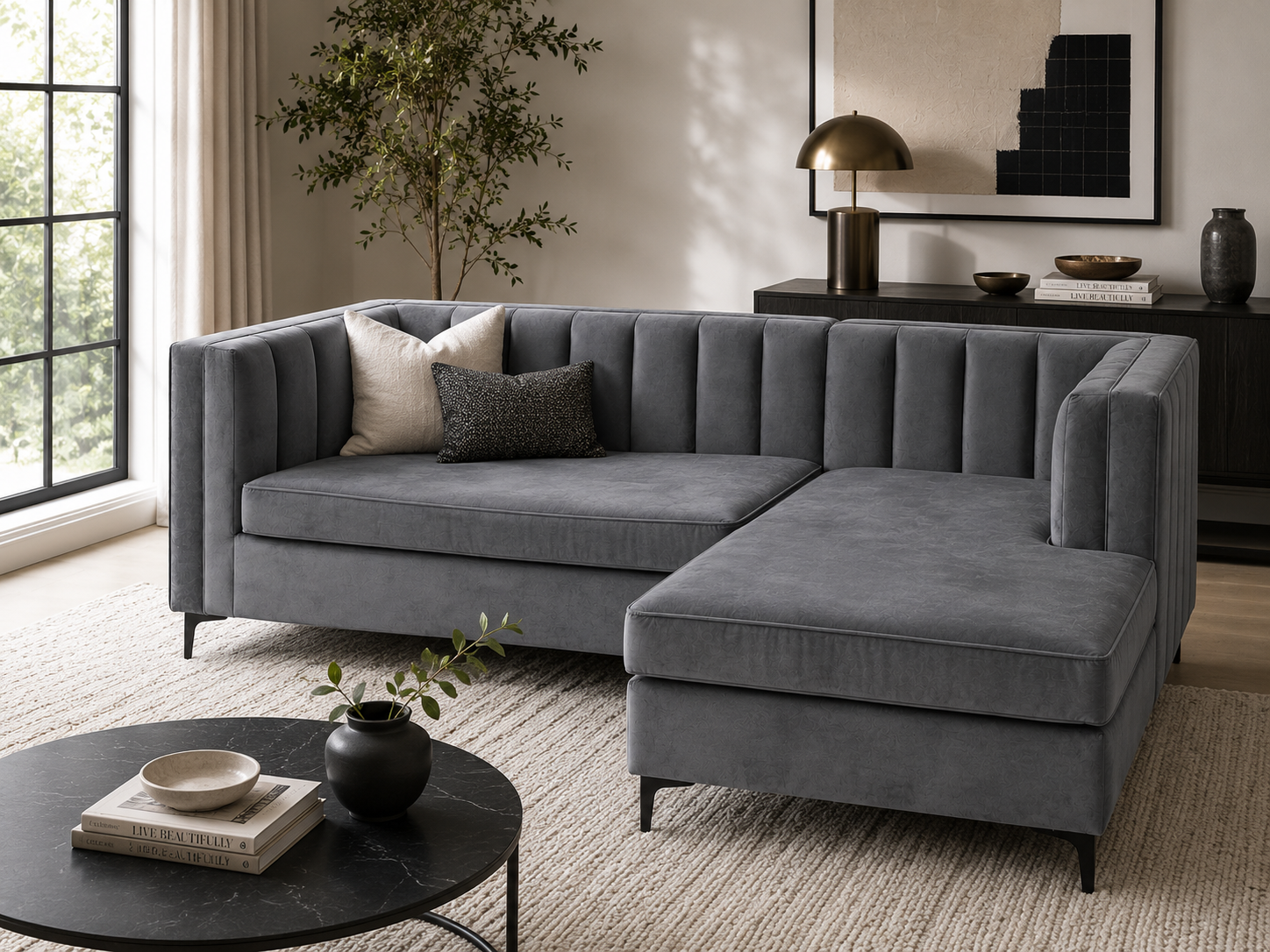 Emily Corner Sofa - Right Hand Grey Velvet - Lifestyle