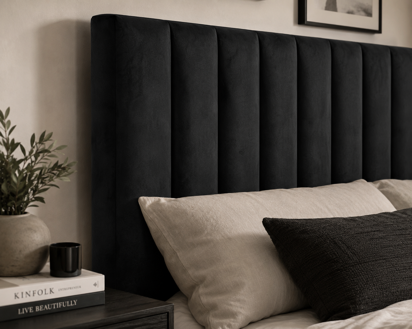 Victoria Headboard - Black Velvet - Lifestyle close up