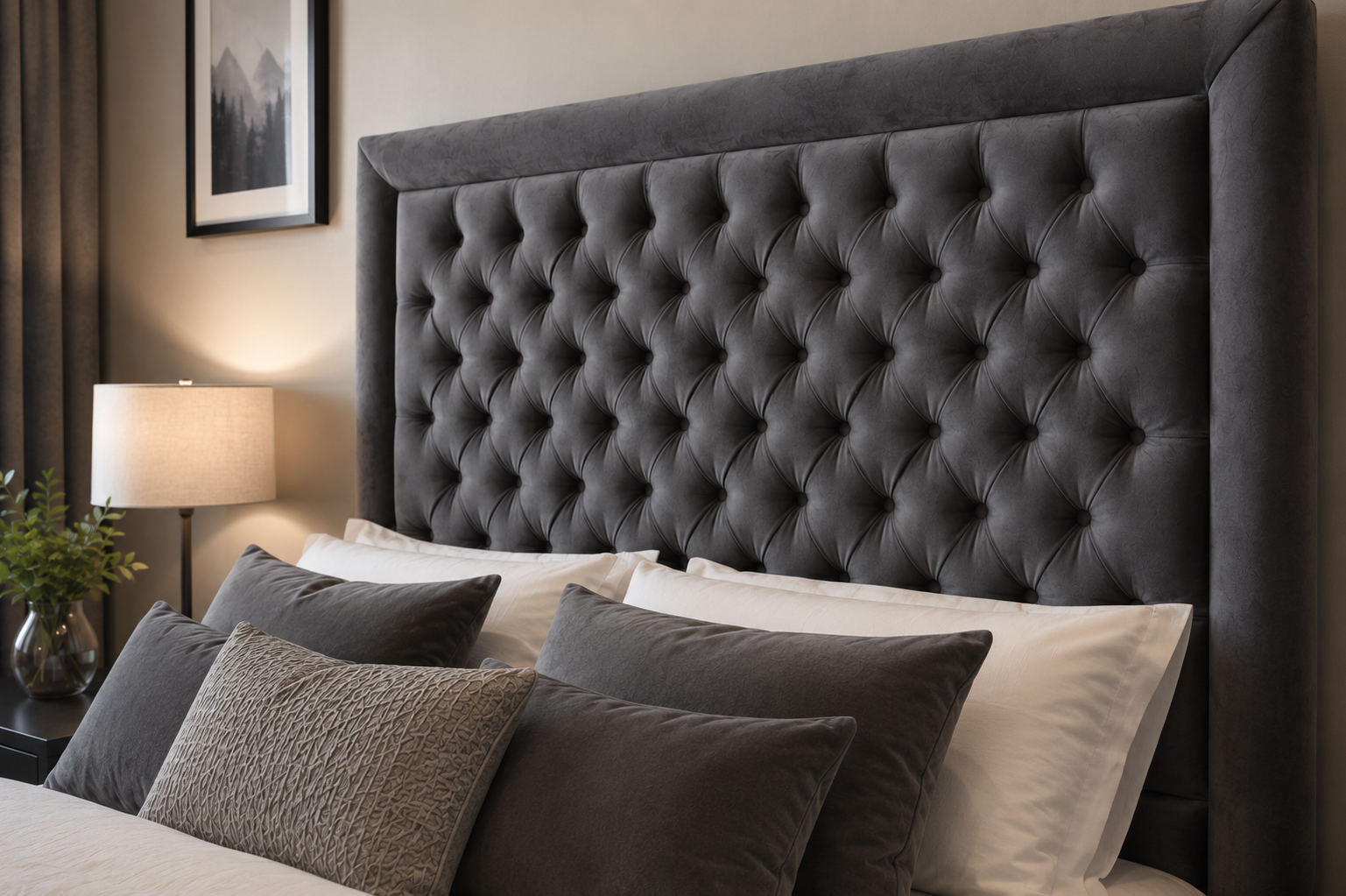 Nadine Headboard - Grey Velvet - Lifestyle close up
