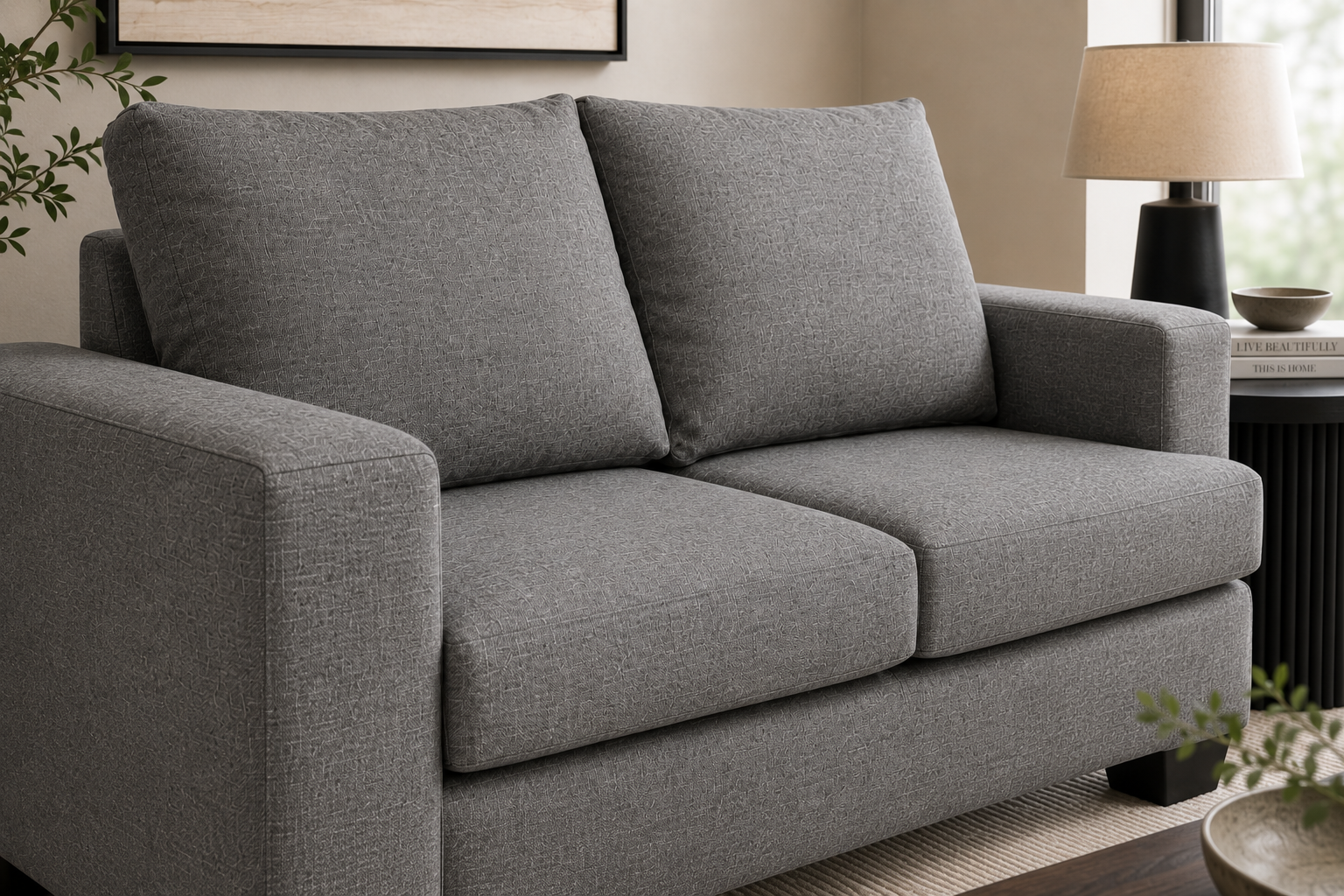 Dimension 2 Seater Sofa - Grey - Lifestyle close up